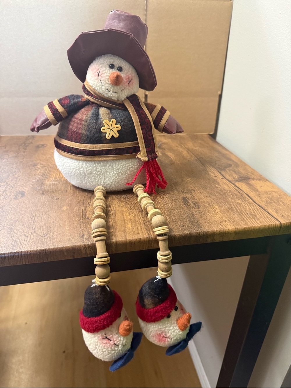 🔥2 for $10🔥 Vintage Plush Snowman Figure in Brown & Cream w Hanging Legs Decor